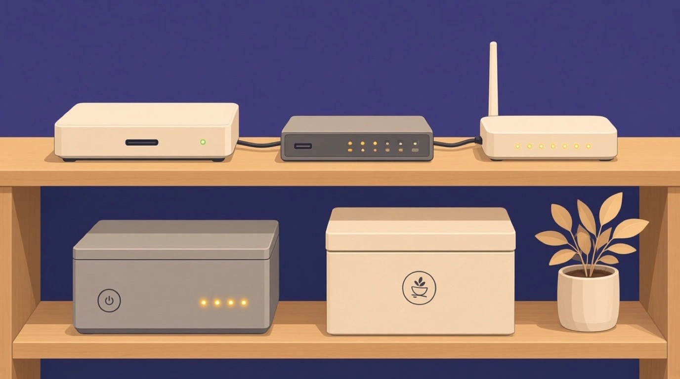 Un router principal, un switch y un router 4G de respaldo en una estantería de la oficina del restaurante, con un SAI debajo