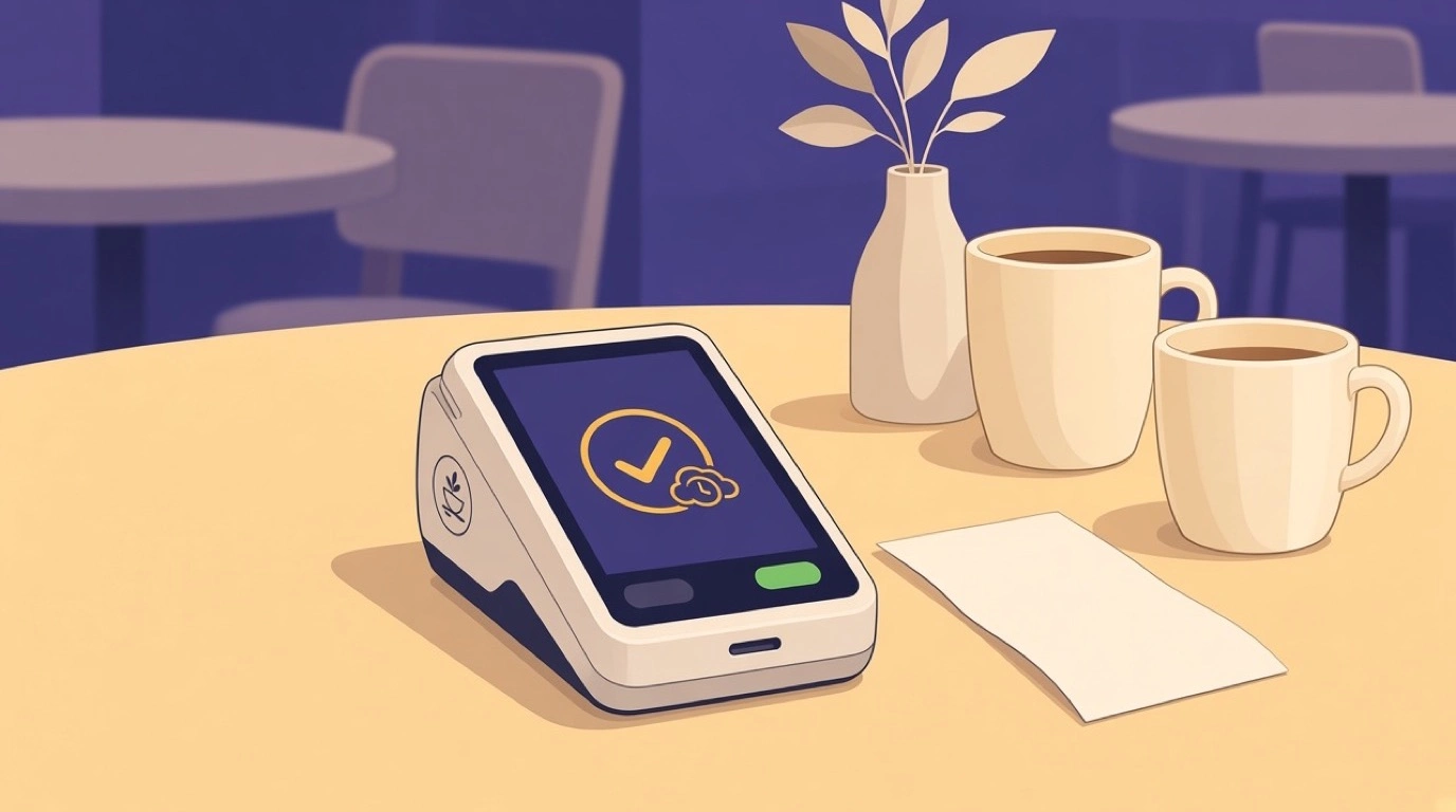 Un terminal de tarjeta en una mesa del restaurante con un pago aprobado en cola hasta que vuelva internet