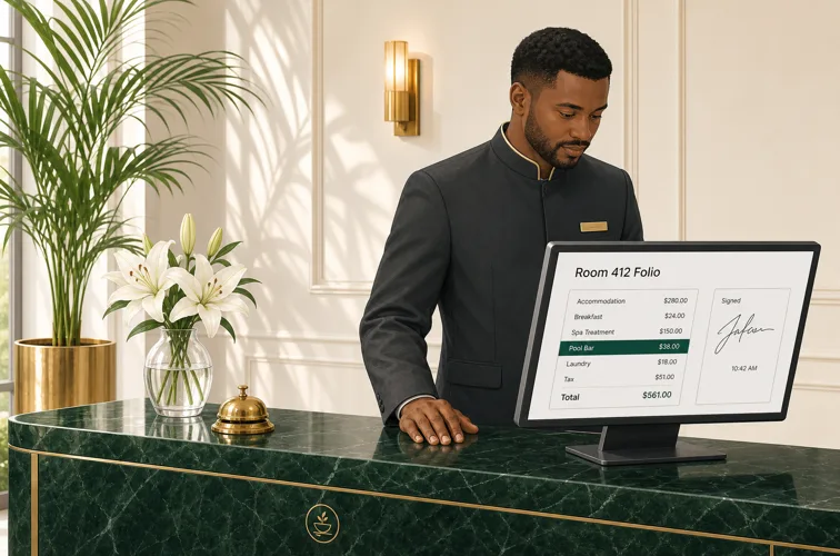 Der Hotelrezeptionist überprüft den Bildschirm mit der Gästeabrechnung, auf dem eine unterschriebene Rechnung für die Poolbar um 10:42 Uhr angezeigt wird