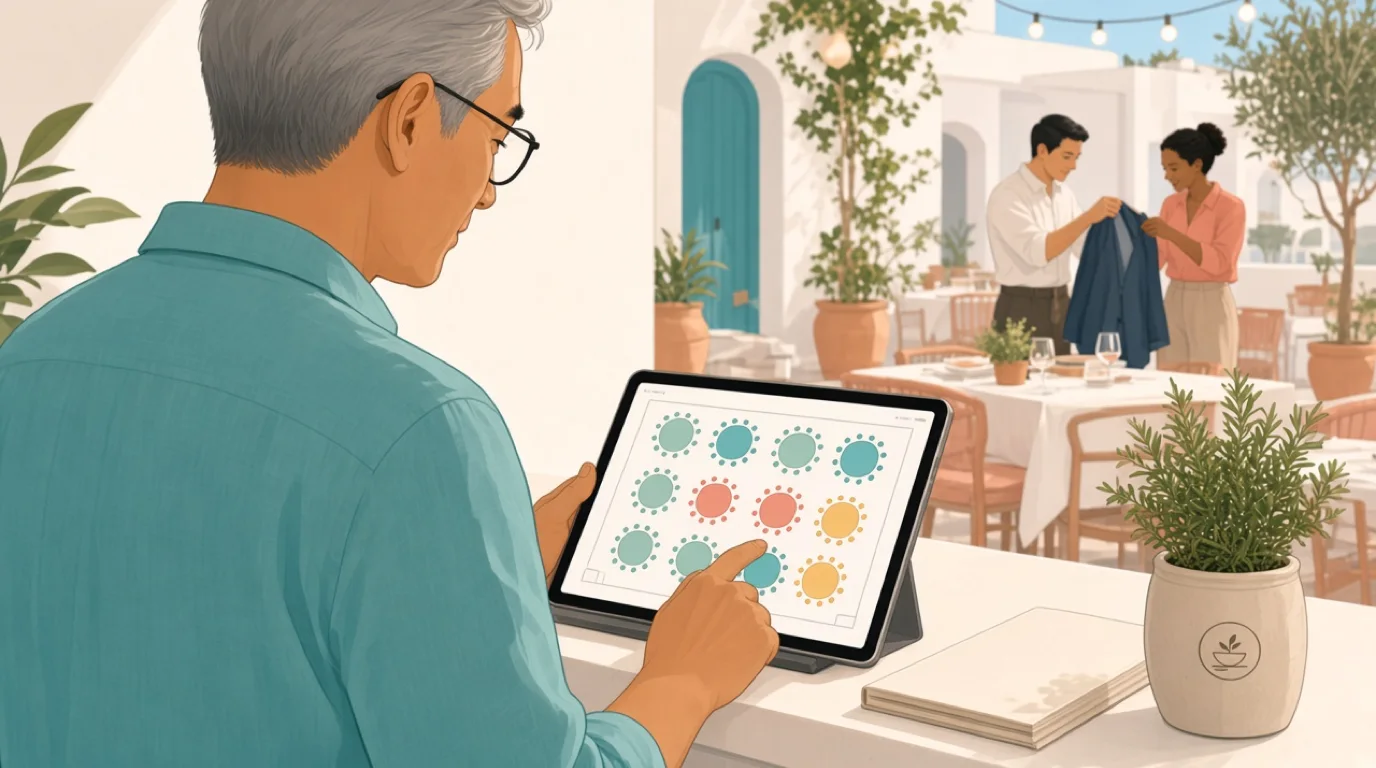 Un jefe de sala consulta en una tableta el plano de mesas con su estado por colores