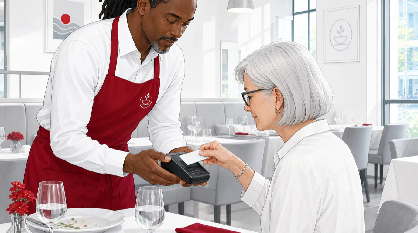 A server presenting a handheld card terminal to a seated guest so the card never leaves the table