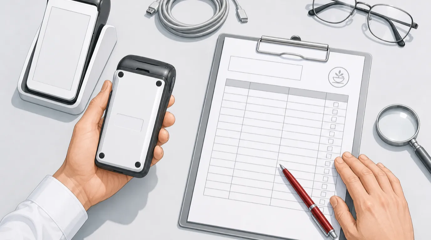 Hands checking a payment terminal serial plate against a printed device inventory sheet