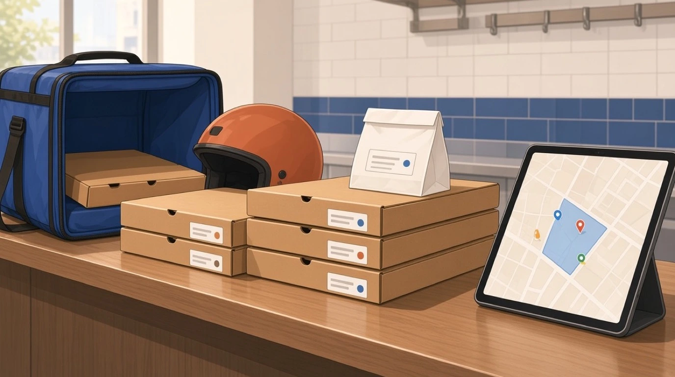 Labelled pizza boxes stacked for delivery beside an insulated bag, a helmet and a tablet showing a delivery zone map