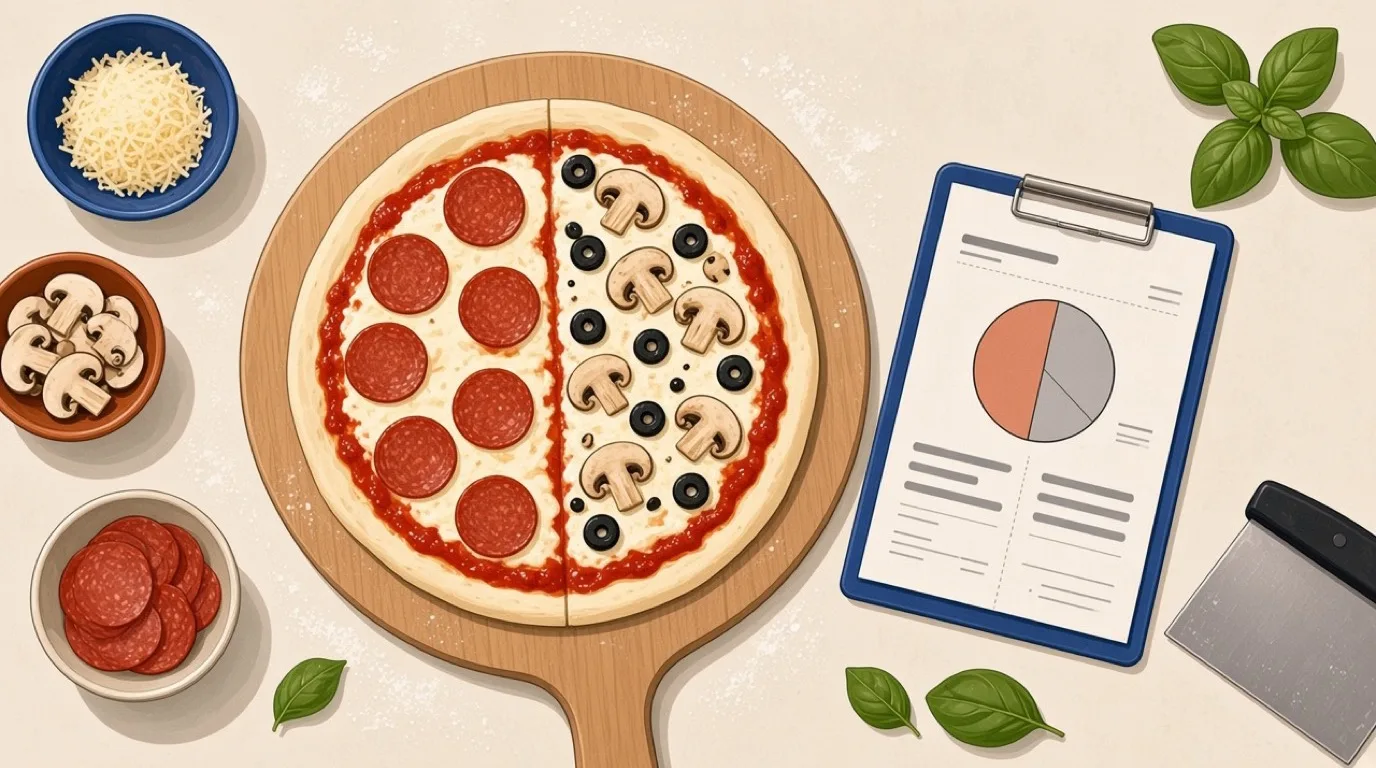 Unbaked half-and-half pizza, pepperoni on one side and mushroom and olive on the other, next to a kitchen ticket split into two halves