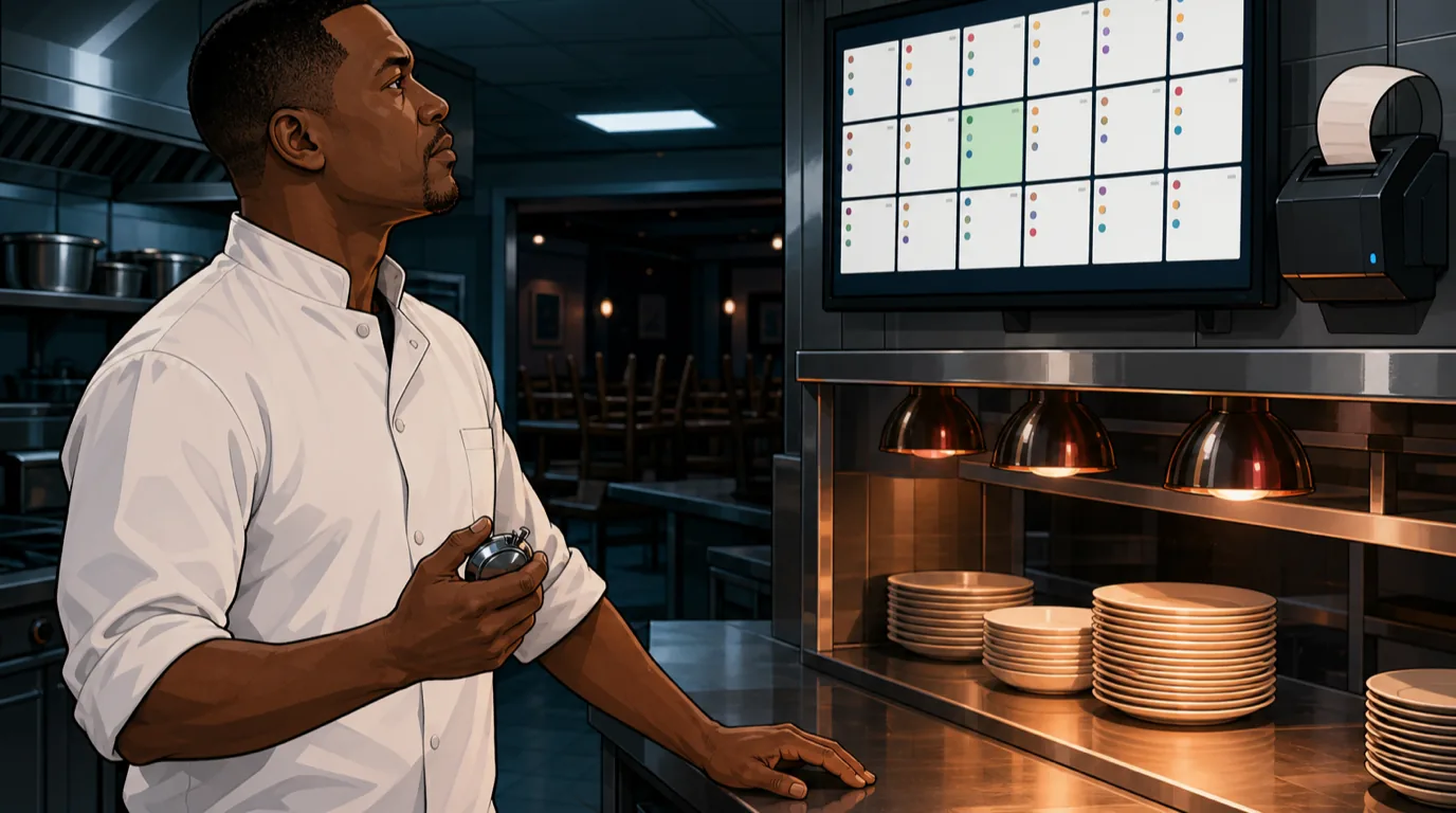 A restaurant manager and a Tableview onboarding specialist running through the cutover-night runbook with the printer and the kitchen display