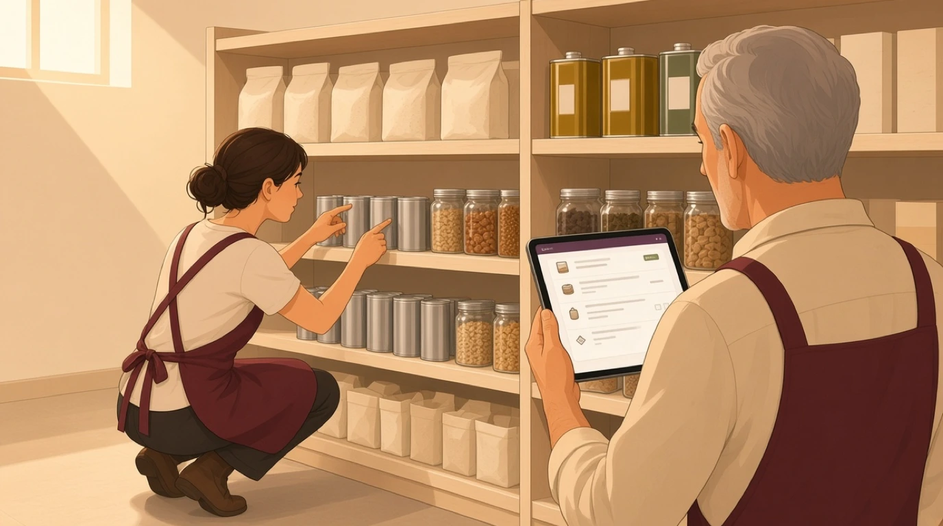 Deux membres du personnel effectuent l'inventaire des produits secs à l'aide d'une tablette avant l'ouverture, un lundi matin