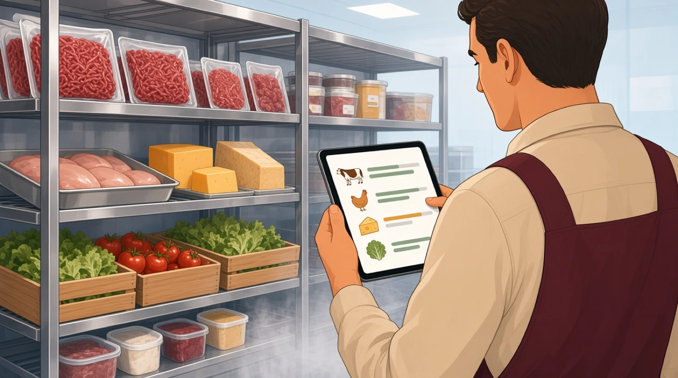 Un responsable de cuisine vérifie en temps réel les niveaux des ingrédients sur une tablette, depuis la chambre froide, avant le service