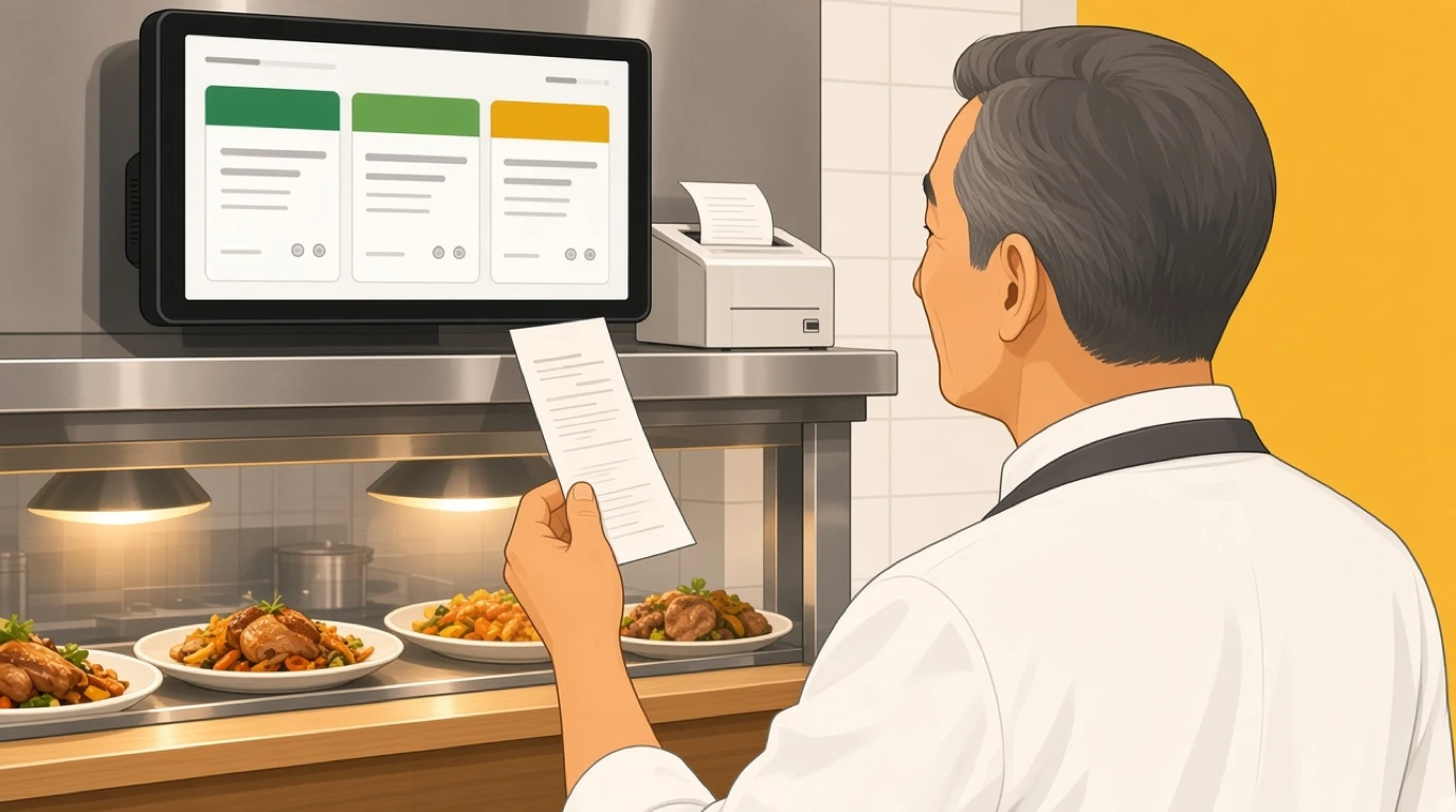Un capo cuoco confronta uno scontrino stampato con lo schermo in cucina al pass durante la prima settimana di utilizzo dei sistemi digitali