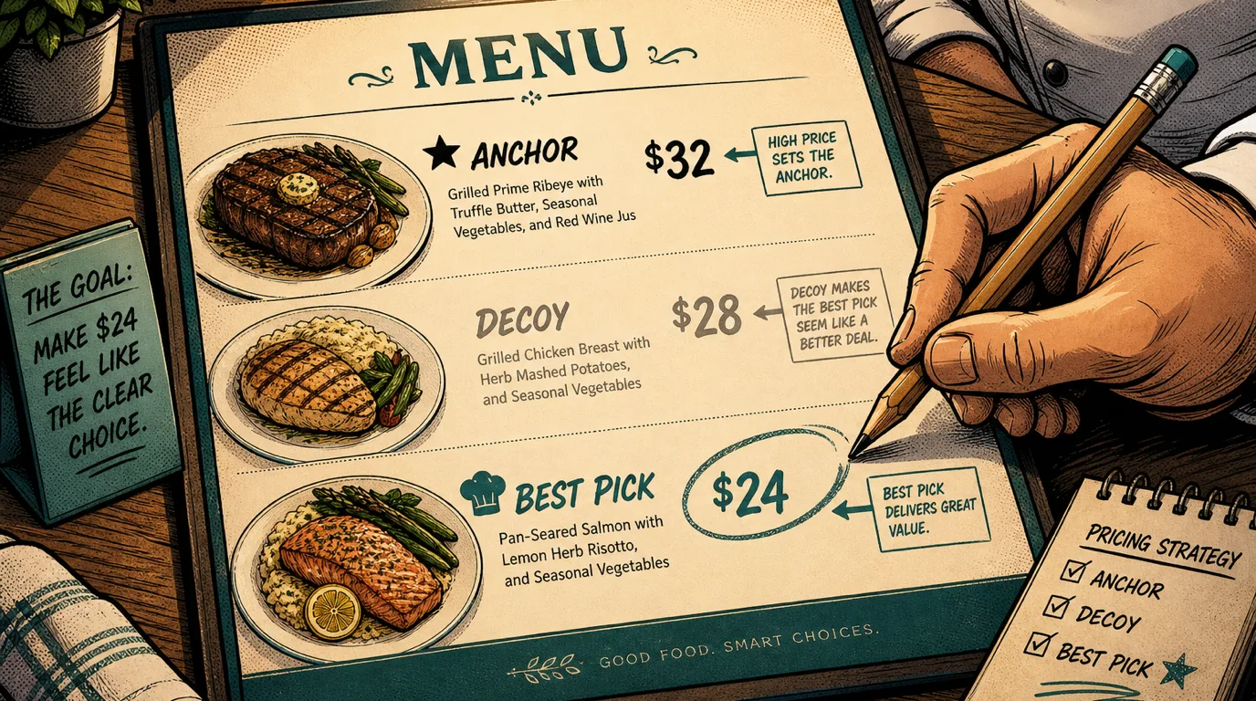 A restaurant menu showing three items with explicit pricing roles - a high-priced anchor item, a deemphasised decoy item, and a target best-pick item highlighted in teal, demonstrating the classical anchor and decoy pricing tactic