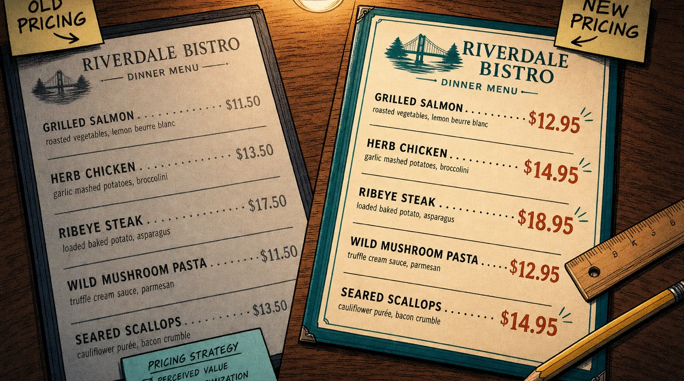 Two restaurant menus side by side, an old version with round-number prices and a redesigned version with .95 endings and stronger visual hierarchy, illustrating a deliberate repricing pass