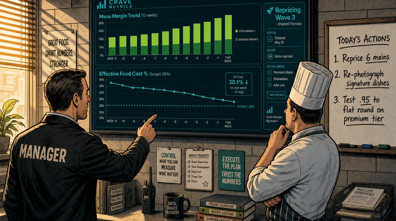 A restaurant manager and chef reviewing a dashboard showing menu margin trend over 12 weeks and effective food cost percentage against target, with a small whiteboard listing repricing actions, illustrating the operational rhythm behind disciplined repricing
