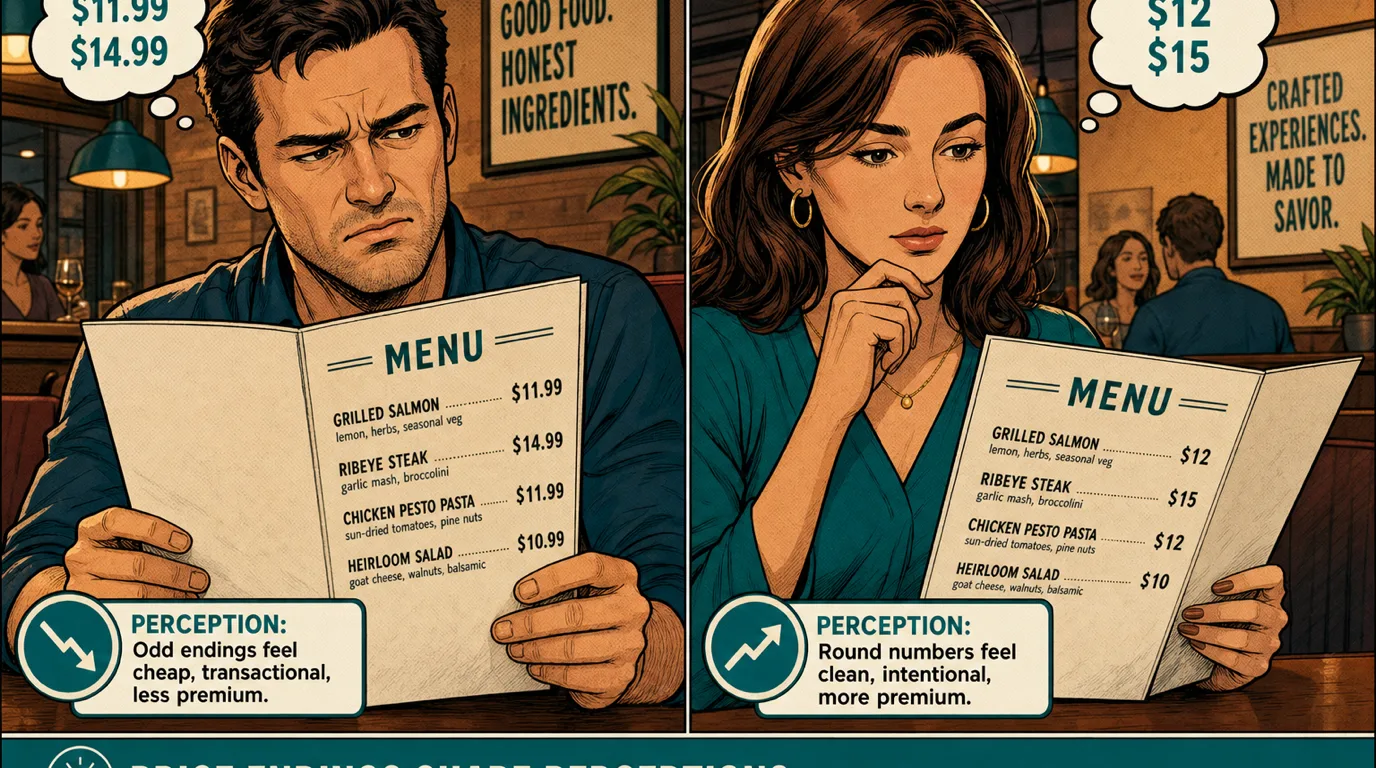 A two-panel comic-book illustration comparing two diners reading menus, one priced with .99 endings looking skeptical, the other with flat round endings looking neutral and considering, demonstrating how price endings signal positioning