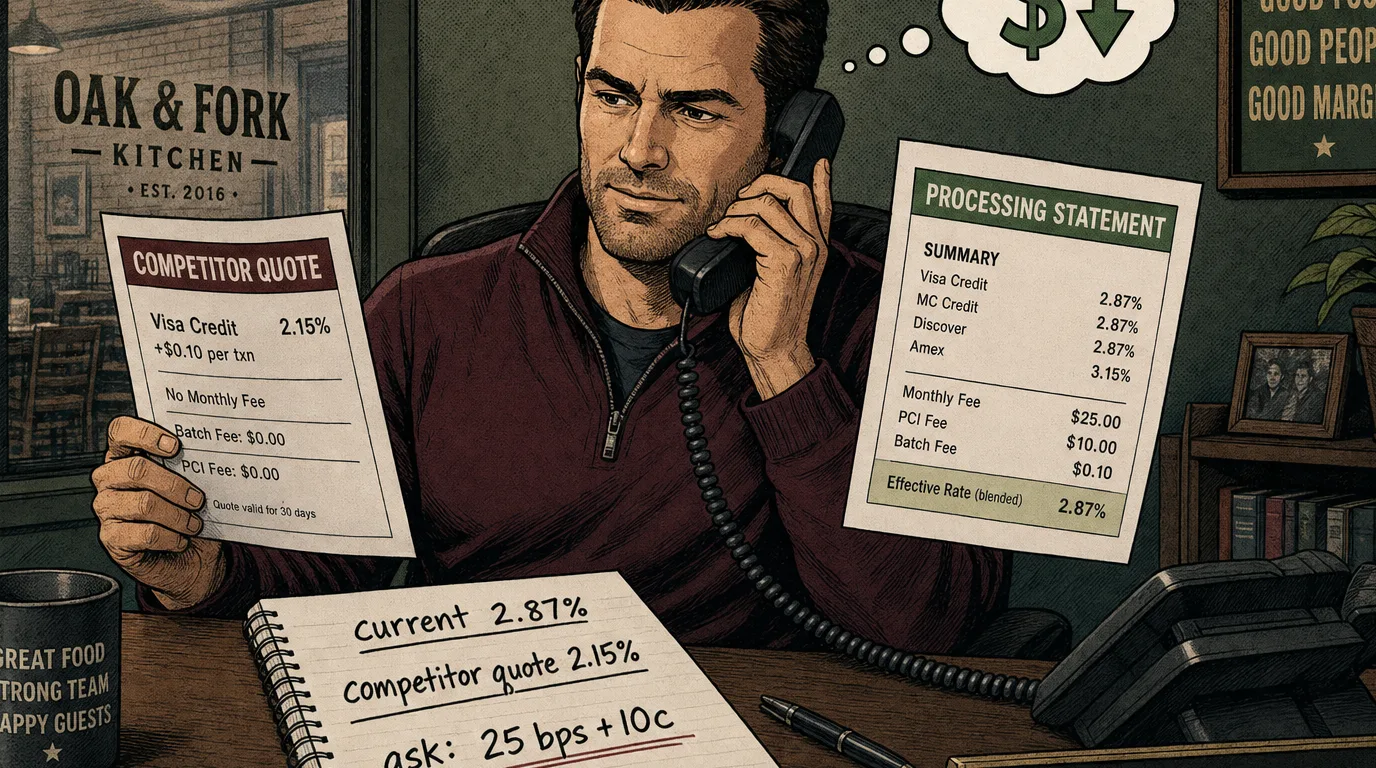 Restaurant operator reviewing payment processor contract with notes on negotiable fees and benchmark rates