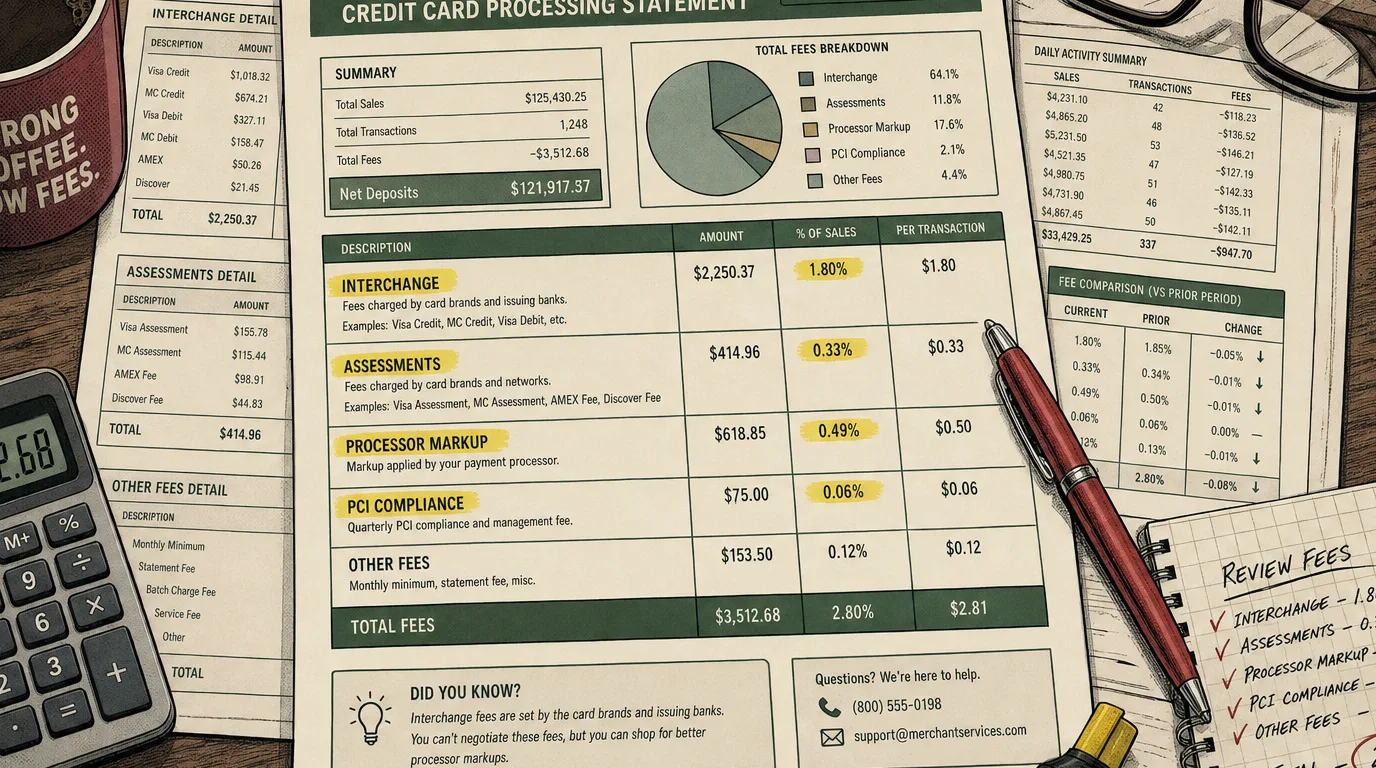 Anatomy of a restaurant credit card processing statement showing the line items operators should audit each month