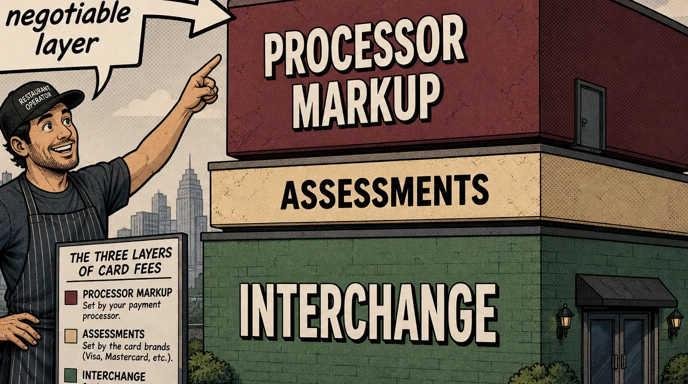 Three layers of restaurant card processing fees: interchange, assessments and processor markup