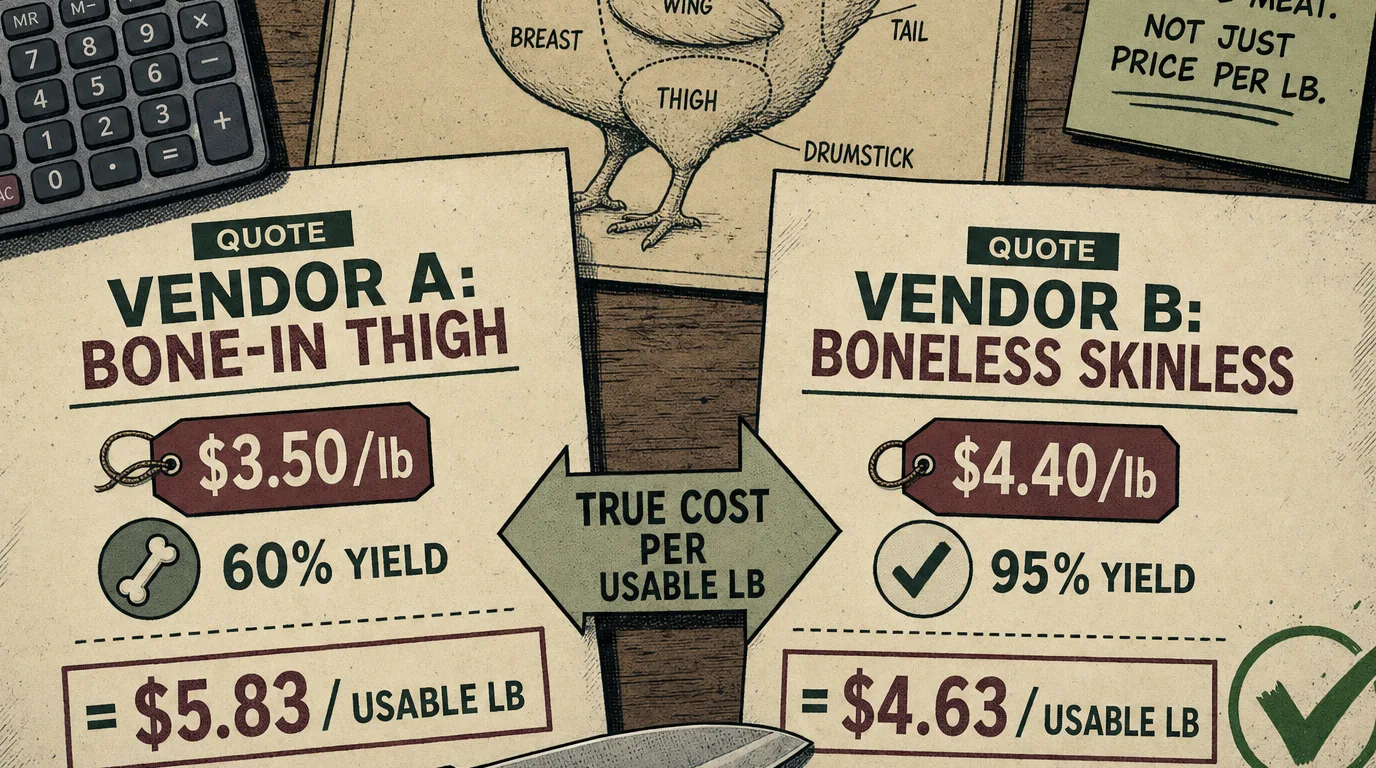 Side-by-side comparison of two supplier quotes showing landed cost per usable unit