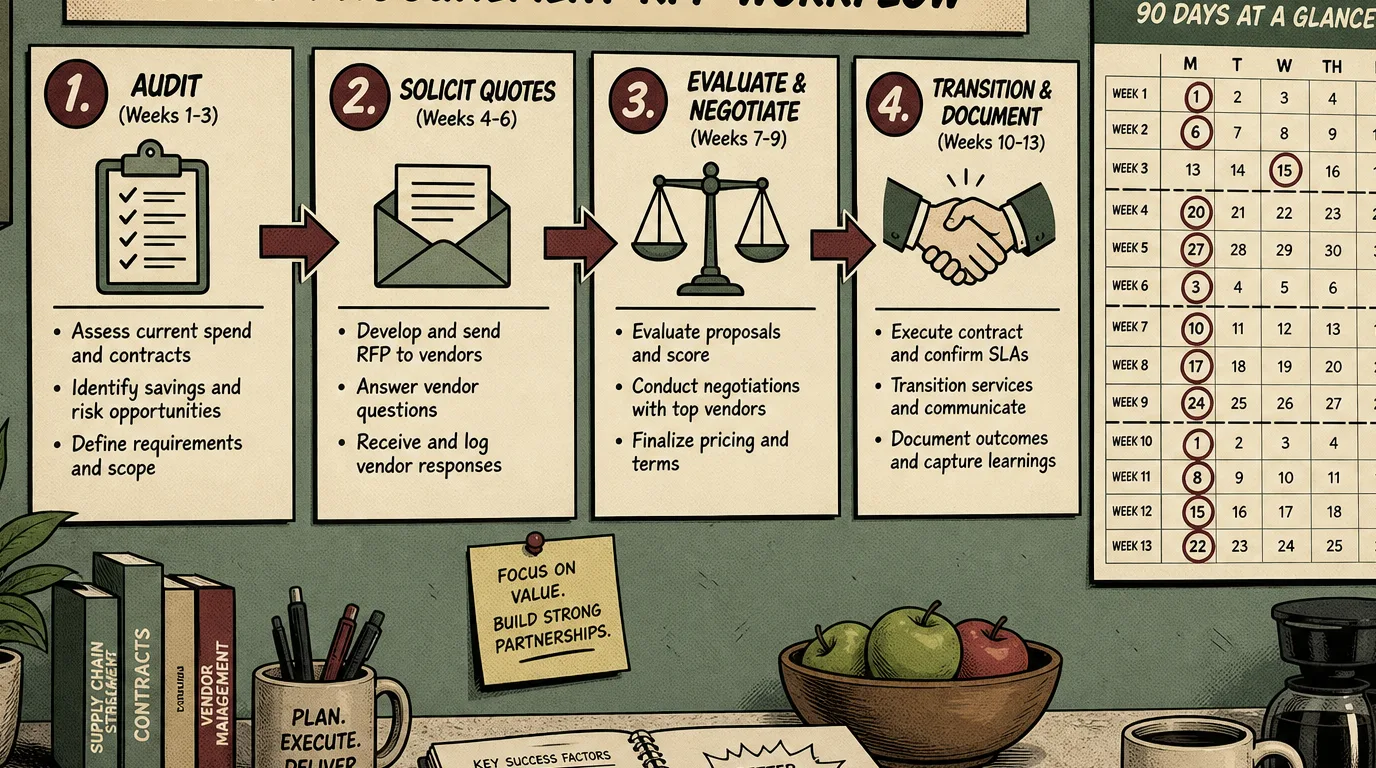 The 90-day procurement RFP workflow: audit, spec, quote, evaluate, transition