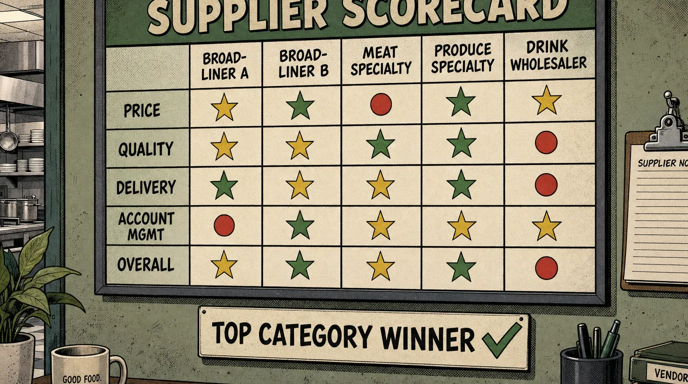 A supplier scorecard board mapping vendors by category and price reliability