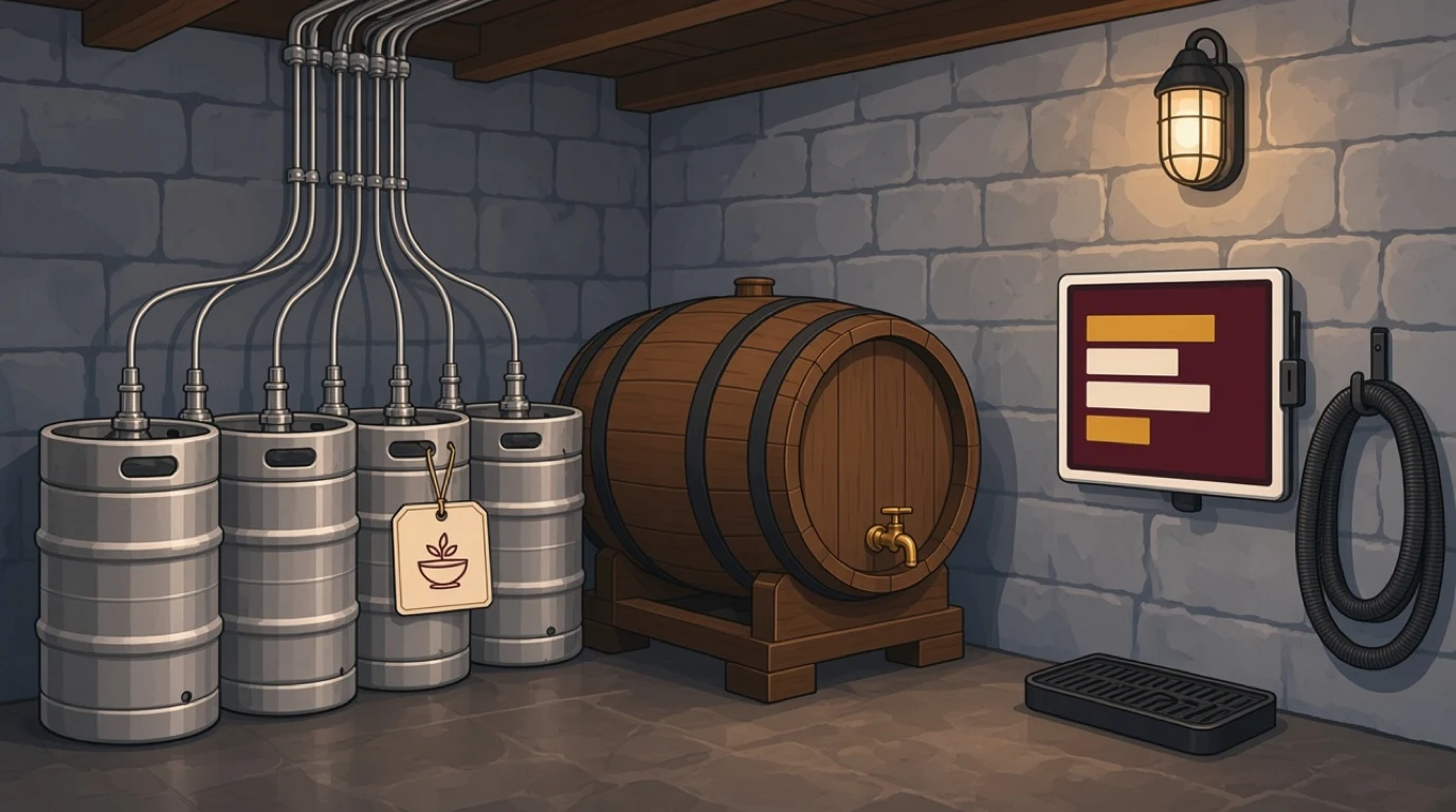 Ein Kneipenkeller mit Stahlfässern an den Bierleitungen, einem Holzfass auf einem Fasslager und einem Wandtablet mit den Lagerbeständen
