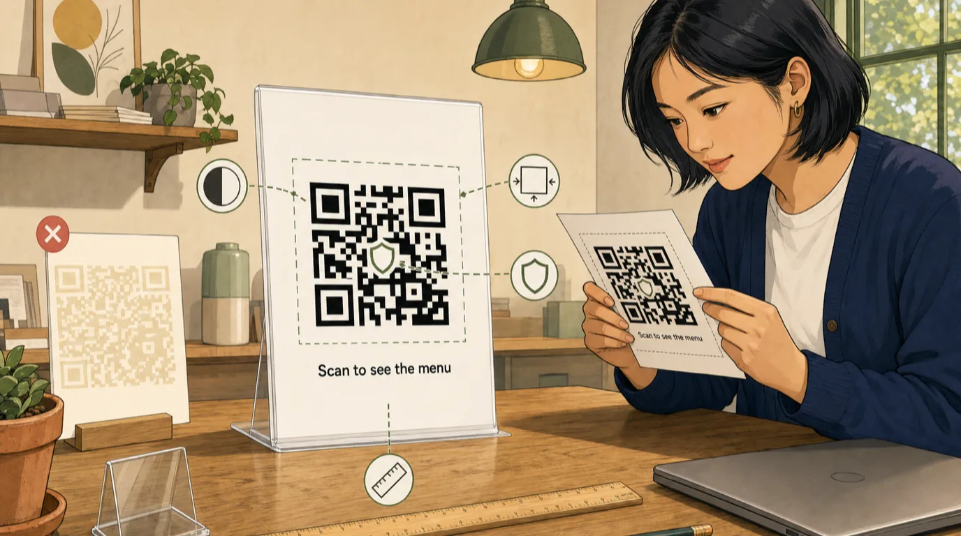 Design specifications for a printed restaurant QR code: minimum size, contrast, quiet zone, error correction example