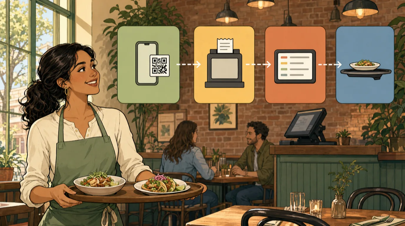 Diagram showing scan-to-order flow: guest scans QR, browses menu, orders, payment processes, ticket appears on KDS, server delivers
