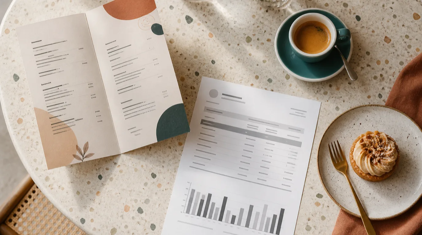 A menu, a printed sales mix report with a bar chart, an espresso and a dessert on a cafe table seen from above