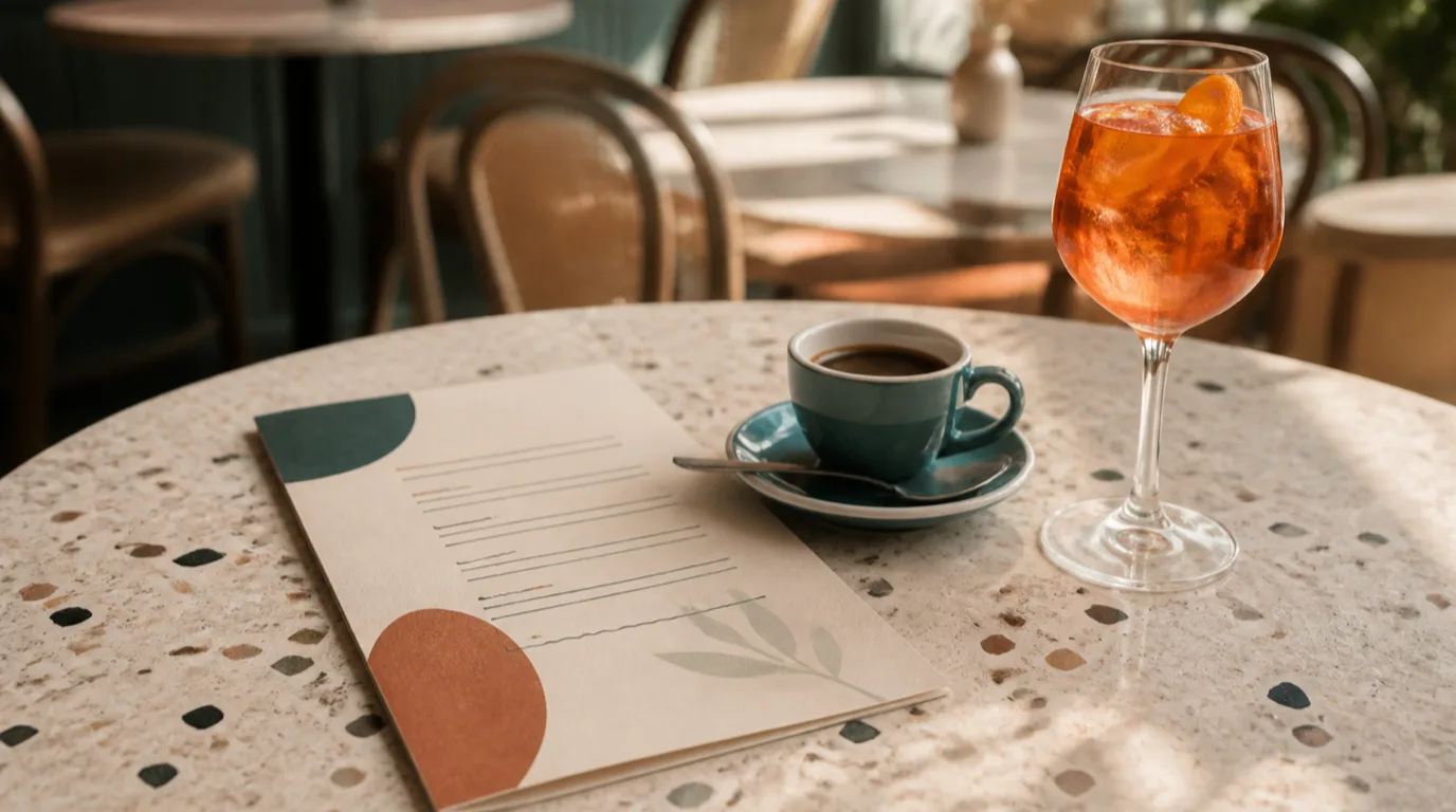 A cafe table laid with a menu, an espresso and an aperitif spritz, with empty tables in the background