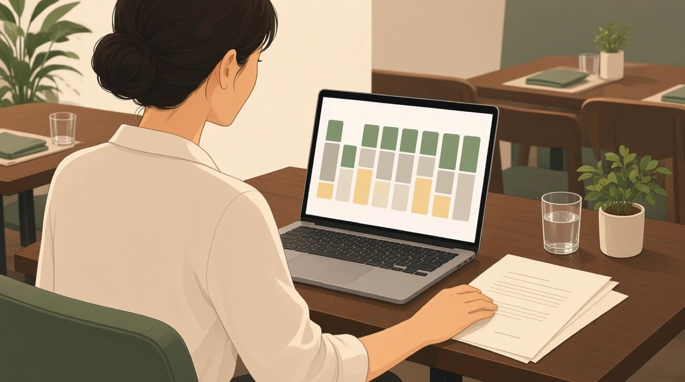 A restaurant owner builds next year's budget on a laptop at a quiet dining table, with supplier invoices beside her
