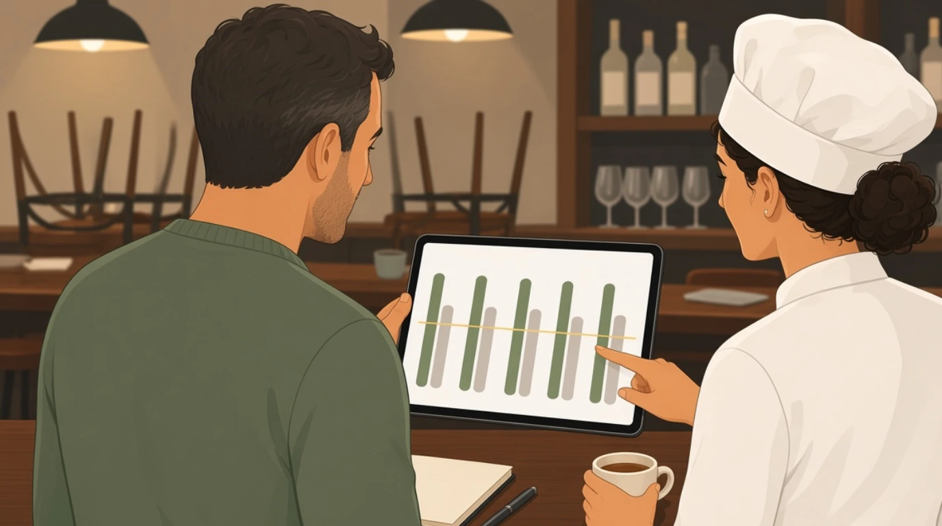 An owner and head chef compare the monthly results with the budget on a tablet at the bar after closing