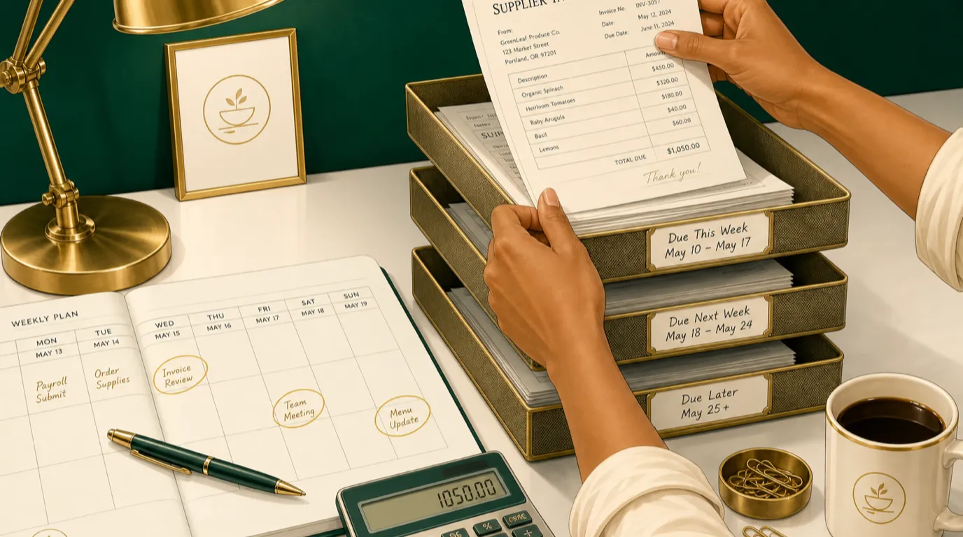 Hände, die Lieferantenrechnungen auf einem Schreibtisch im Backoffice eines Restaurants in Fächer nach Fälligkeitsdatum sortieren