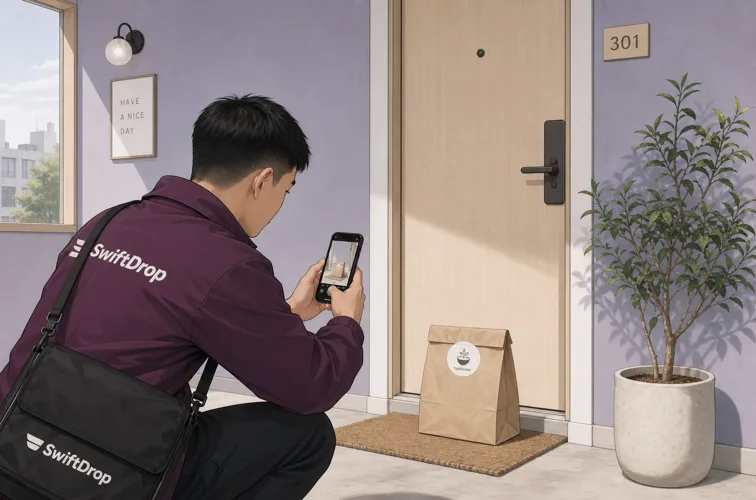 Un rider fotografa una busta d'asporto davanti alla porta di un appartamento come prova di consegna
