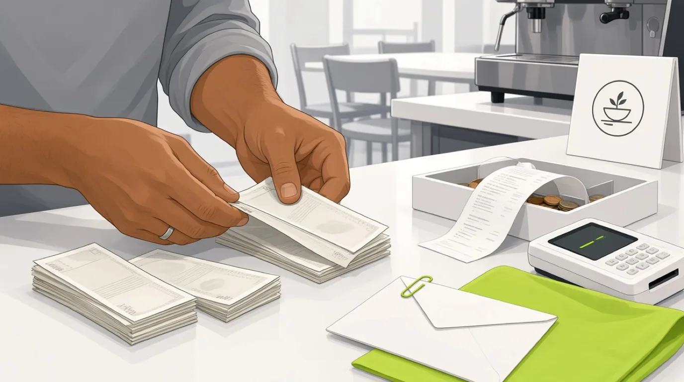 Hands count banknotes into piles beside a till receipt, coin tray and card reader after closing