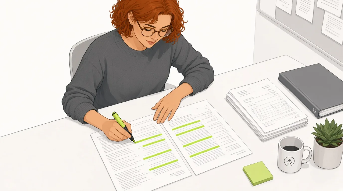 A bookkeeper highlights matching rows on two printed account lists in a bright back office