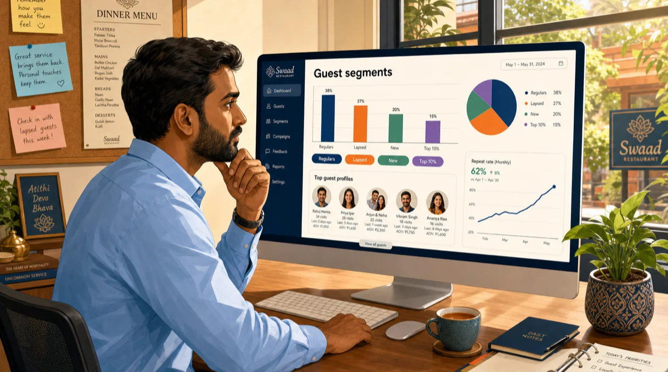 Restaurant manager reviewing a guest segmentation dashboard on a desktop screen in a bright sunlit office