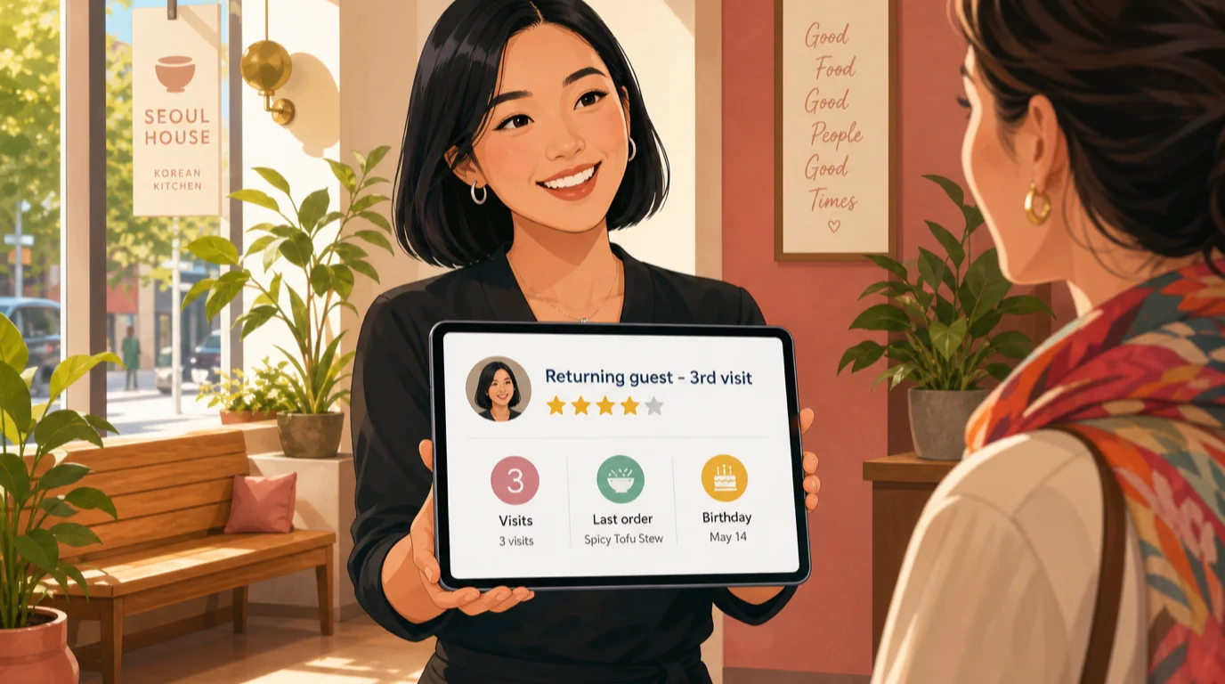 Smiling host greeting a returning guest at a sunlit restaurant entrance with a tablet showing the guest's profile