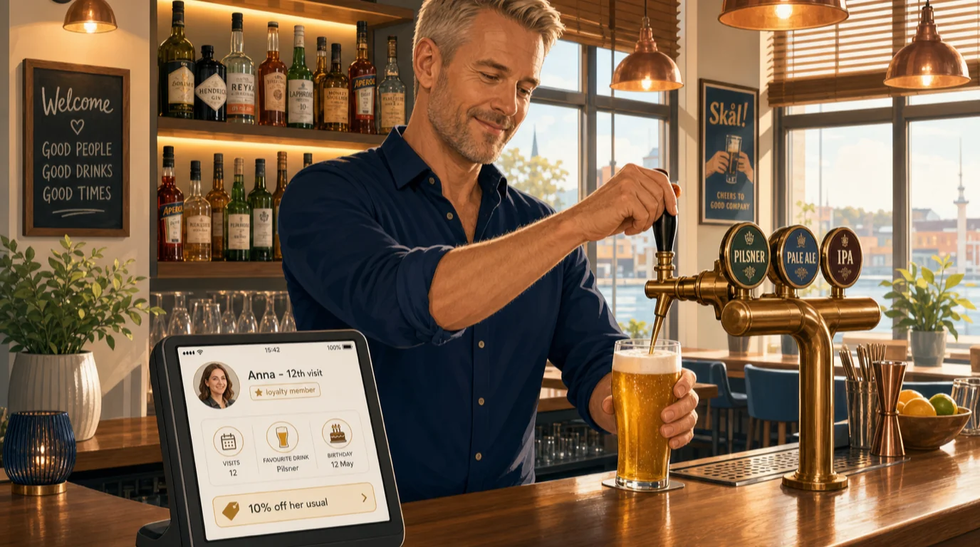 Bar manager checking a guest loyalty profile on a handheld terminal while pouring a beer at a sunlit bar counter