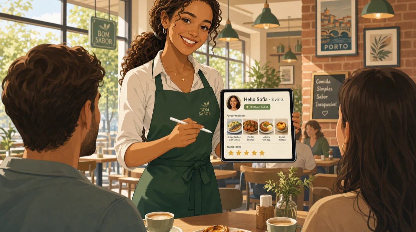 Server tapping a tablet beside a sunlit dining table while taking an order from a returning guest