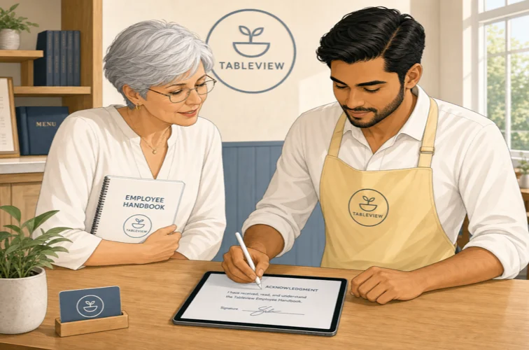 Nuevo empleado de restaurante firmando el acuse de recibo del manual en una tableta junto a la propietaria