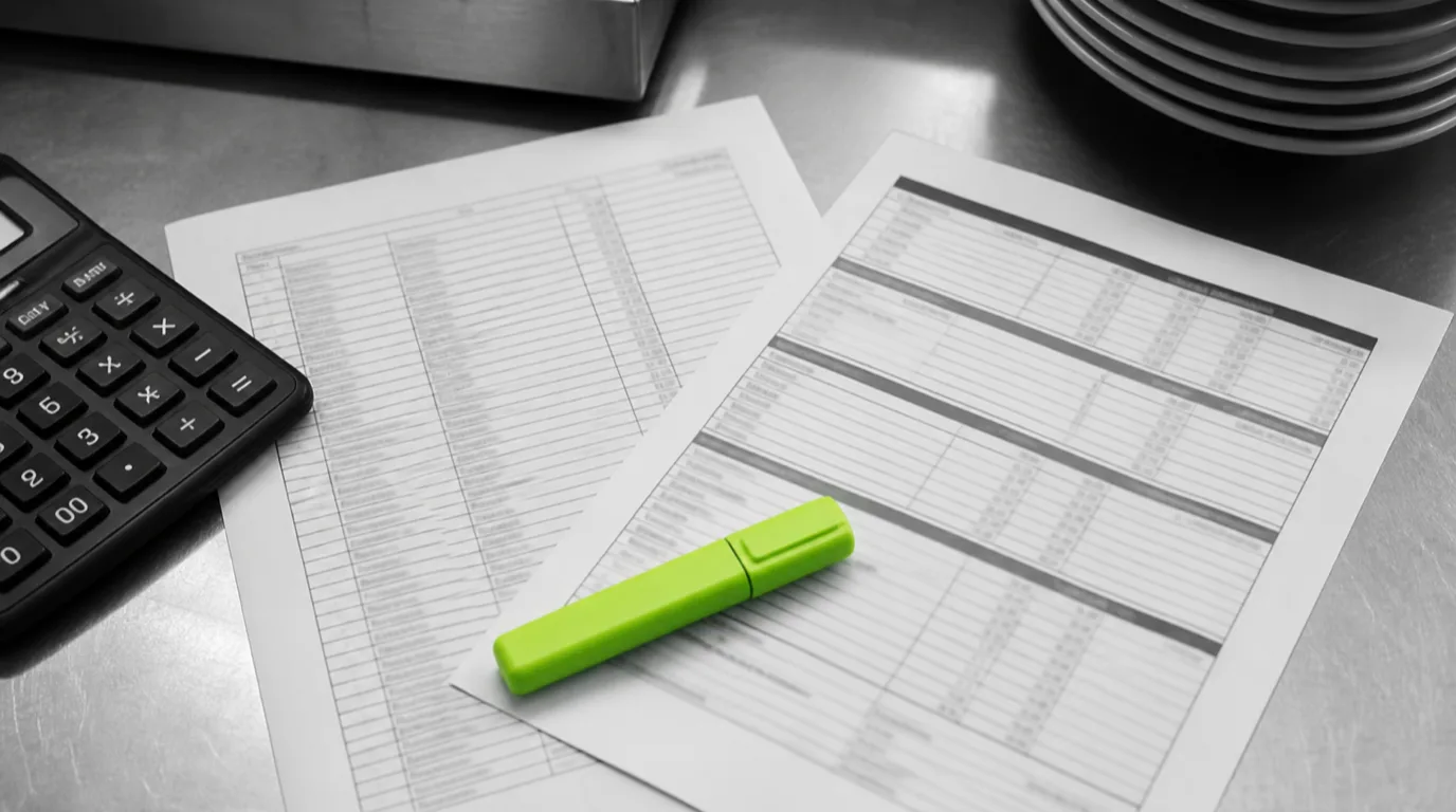 A printed stock count sheet and a point of sale report lying side by side on a stainless steel counter next to a calculator