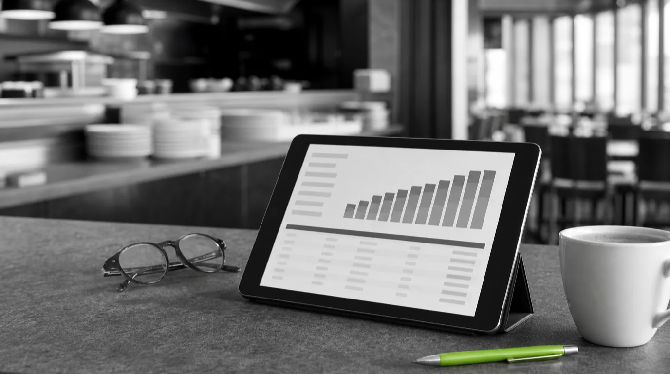 A till audit report open on a tablet propped up on a restaurant counter, showing a sales chart above a list of transactions