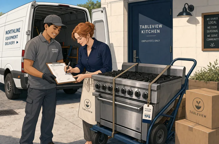 A restaurant owner signing the delivery form for a financed commercial range at the service entrance