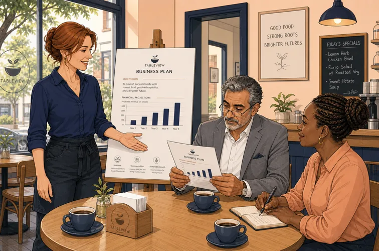 A restaurant owner presenting her business plan to two investors in a cafe