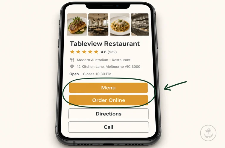 Restaurant listing on a phone with the menu and order buttons circled among the four actions