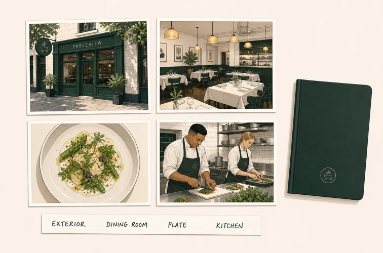 Four printed photos labelled exterior, dining room, plate and kitchen laid out in a grid