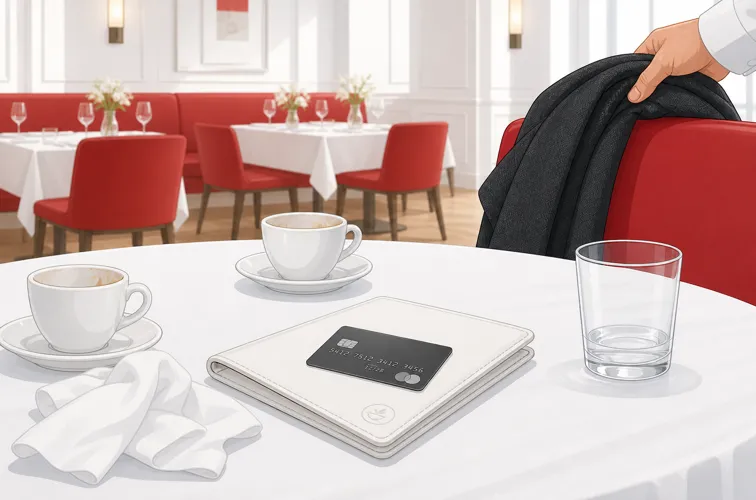 Card on a closed bill folder as a guest lifts a coat from a red chair