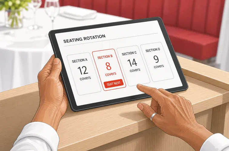 Host holds a tablet showing guest numbers per section with section B marked as next