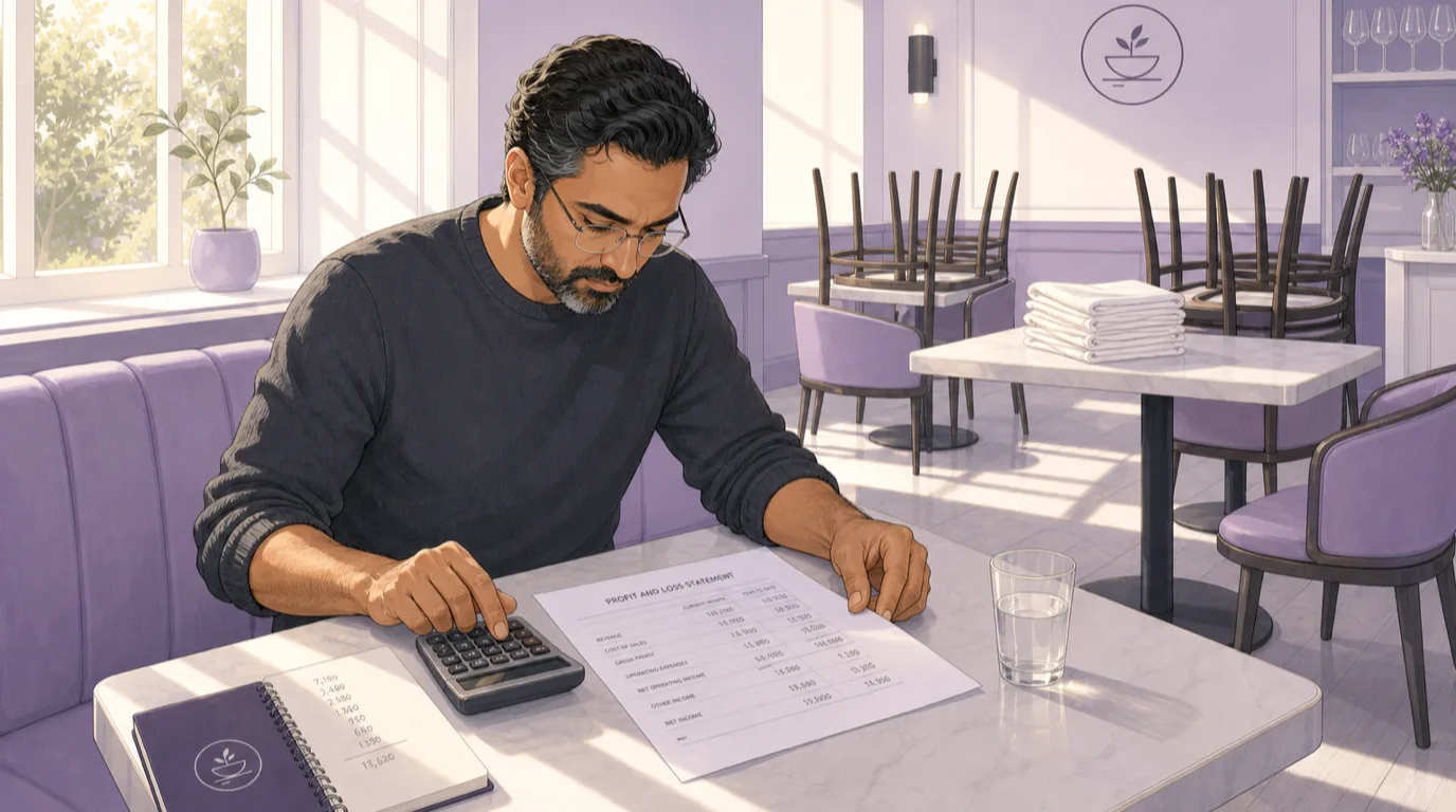 Un propietario comprueba una cuenta de resultados impresa con una calculadora antes del servicio