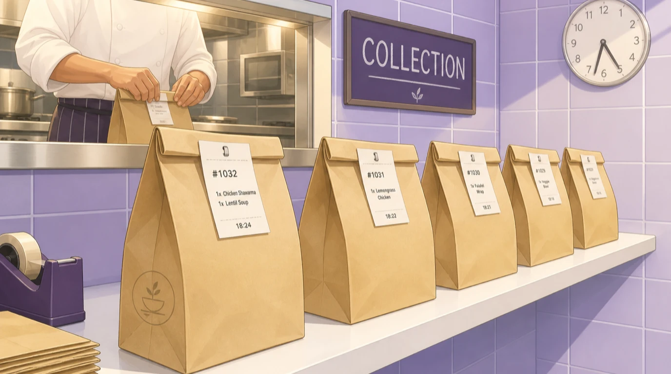 Cinco bolsas de comida para llevar etiquetadas esperan en una estantería de recogida mientras un cocinero cierra otra