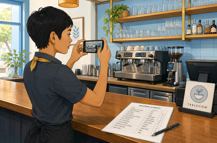 Une adjointe de direction photographie l'équipement du bar pour l'inventaire d'assurance du restaurant