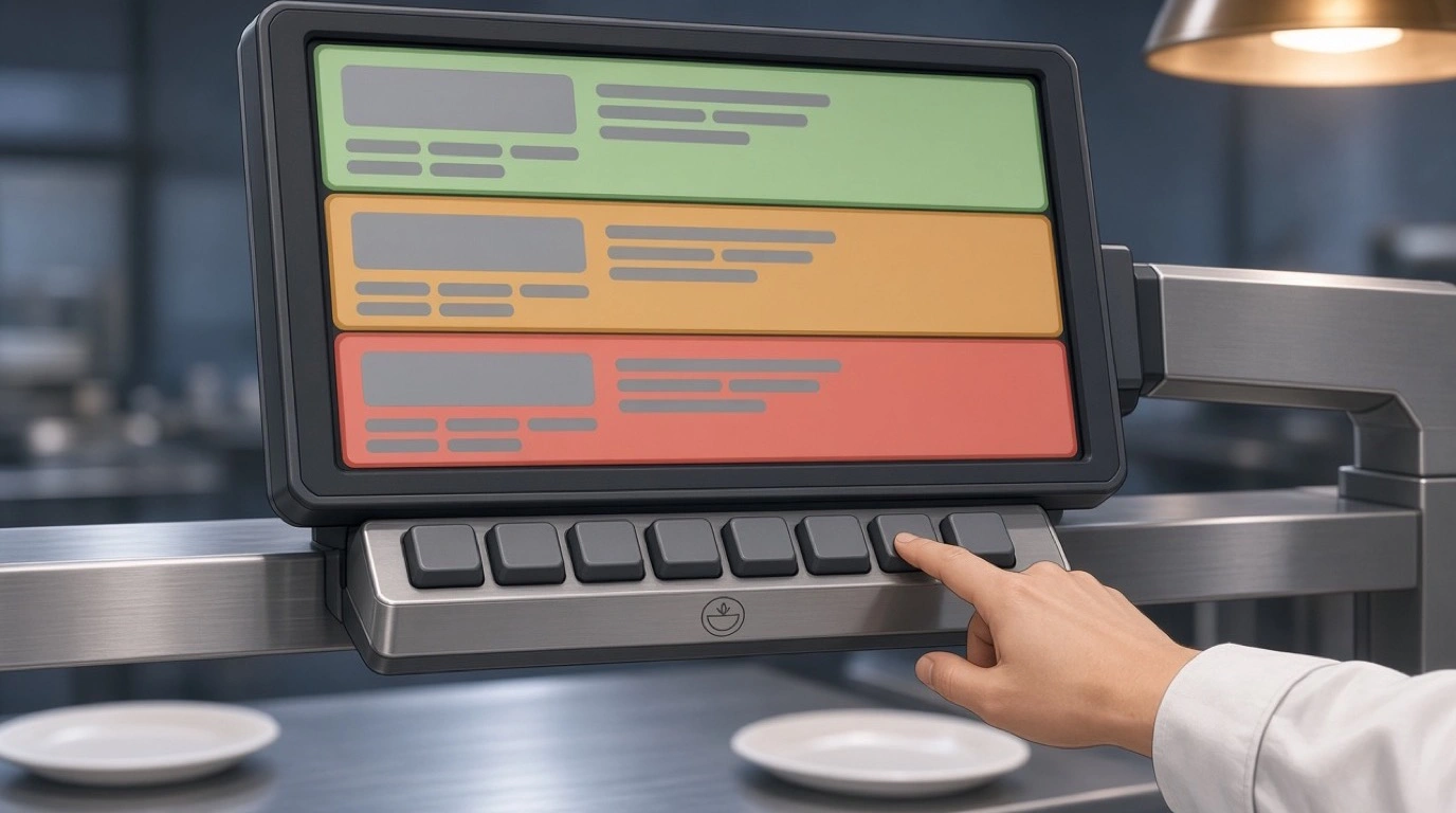 Cook tape sur un ticket à l'aide d'un clavier situé sous un écran affichant des commandes en vert, orange et rouge